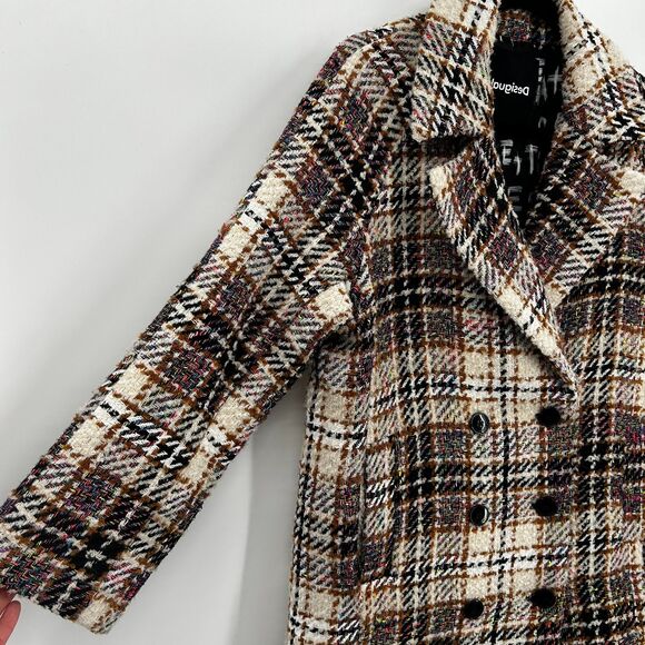 DESIGUAL Cream Black Neon Colorful Plaid Tweed Oversized Heavy Duke Coat Small - Picture 10 of 12